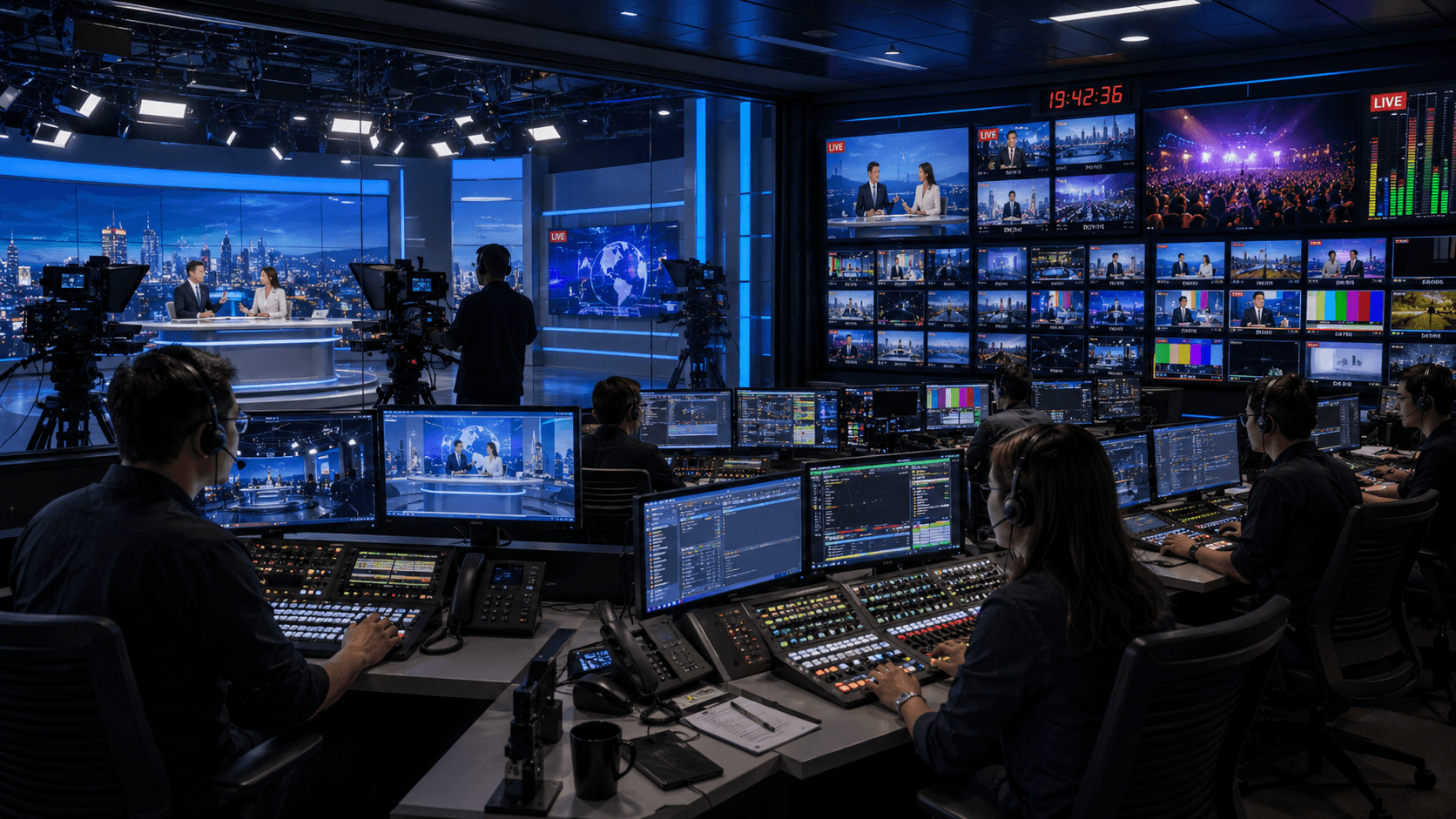 Broadcast control room coordinating studio and multi-building communications