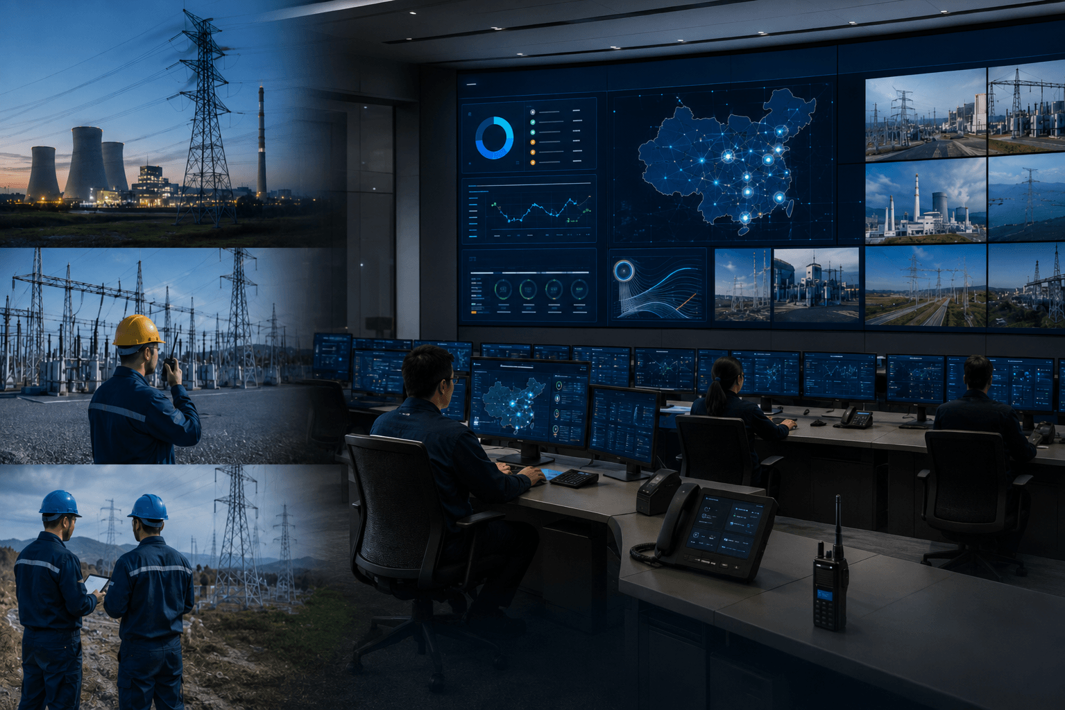 Utility control center coordinating grid operations and field teams